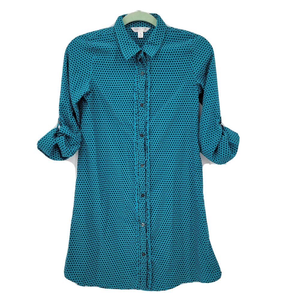 Sally Miller Girls XL 14/16 Teal Green Black Polka Dots L/S Button Ruffle Dress
